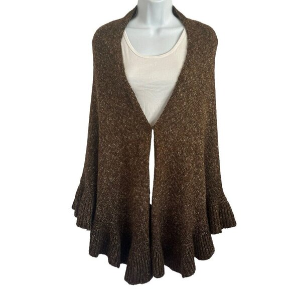 Cabi Women Ruffle Hem Brown Marled Knit Sweater Poncho Shawl One Sz Boho Hippie - Picture 1 of 15